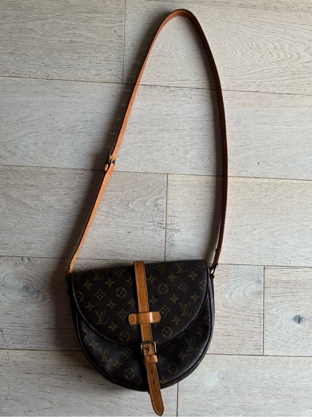 Authentic Louis Vuitton Monogram Crescent Crossbody Bag With Tan Leather Strap